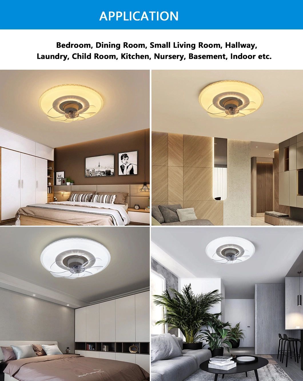 Surface Mounted Transparent European Cold White Nature White Warm White Invisible Blade APP Control Ceiling Fan with LED Light