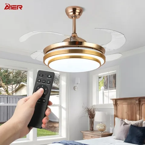 42′′ Chandelier Modern Pendant Lights Golden Silver Retractable Invisible LED Ceiling Fan Light with LED Light and Remote Control 