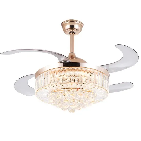 Modern American Style Home Indoor Ceiling Decorative Low Power DC Crystal Ceiling Fan with 3 Color LED Light 4 Invisible Blades 