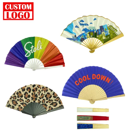 Personalized Decoration Black Large Fabric Printed Foldable Bamboo Hand Fan 