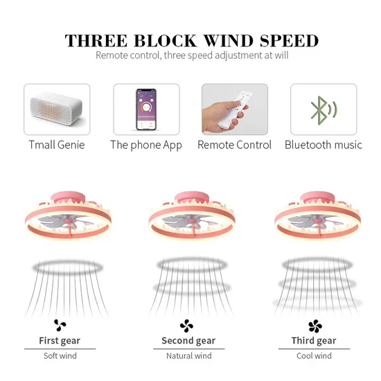 Modern Style Pink Pink Gold Color Time Setting Home Decoration Aluminum Acrylic Material LED Ceiling Fan with Light 