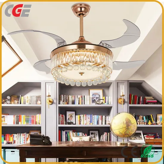 Zhongshan Factory Gold Crystal Four Plastic Blade European Ceiling Fan with Light 
