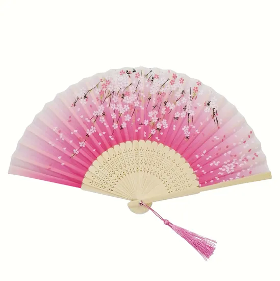 Chinese Vintage Silk Hand Folding Fan with Tassel Women′s Hollowed Bamboo Hand Holding Fans for Wall Decoration 