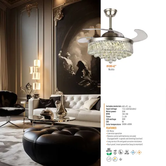 42′ Chandelier Ceiling Fan Lighting Invisible Blade Retractable LED Fan Light for Bedroom 